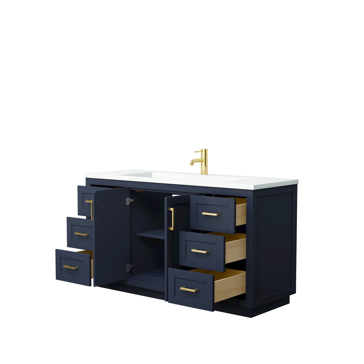 Miranda 60" Dark Blue Single Vanity, 1.25" White Top, Integrated Gold Trim