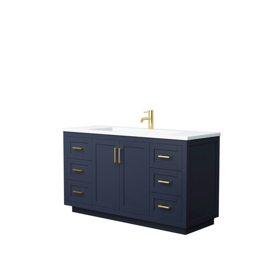 Miranda 60" Dark Blue Single Vanity, 1.25" White Top, Integrated Gold Trim