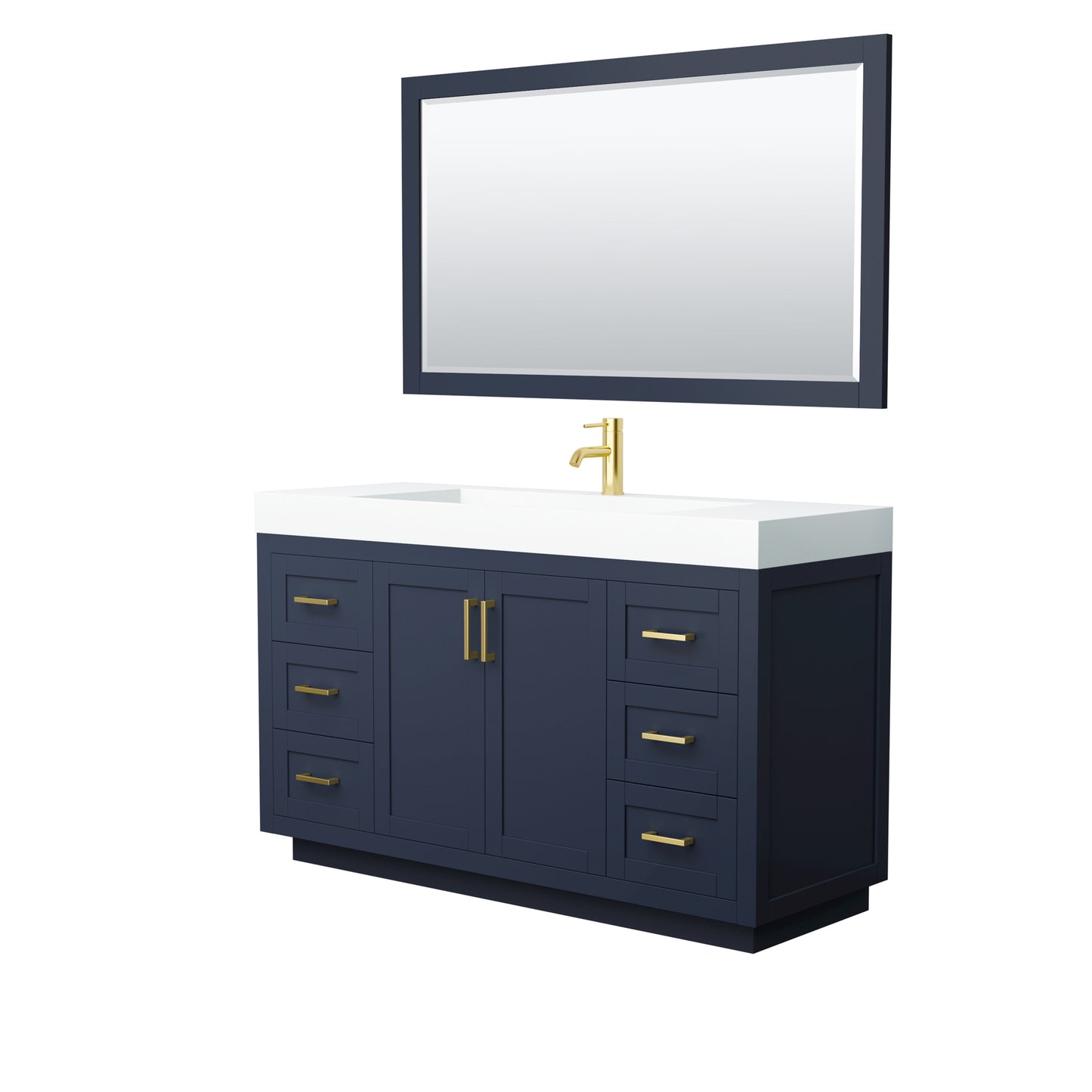 Miranda 60" Dark Blue Single Vanity, 4" White Top,  Gold Trim, 58" Mirror