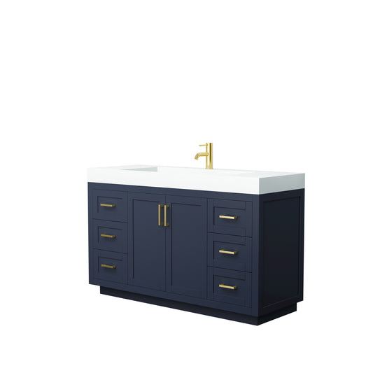 Miranda 60" Dark Blue Single Vanity, 4" White Top, Integrated Brushed Gold Trim