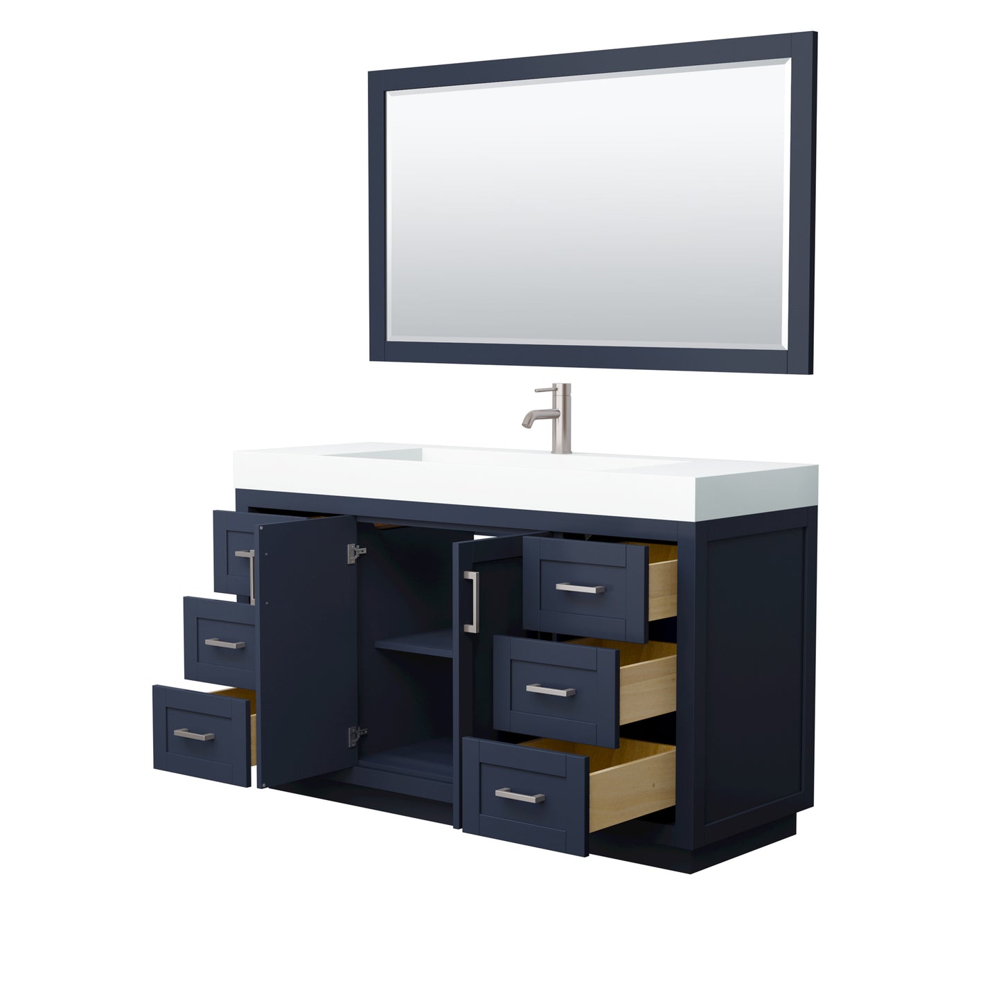 Miranda 60" Dark Blue Single Vanity, 4" White Top,  Nickel Trim, 58" Mirror