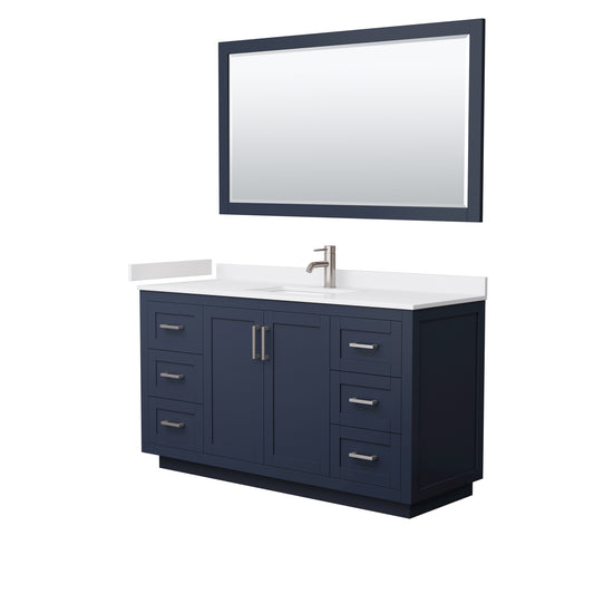 Miranda 60" Dark Blue Single Vanity, White Marble Top, Nickel Trim, 58" Mirror