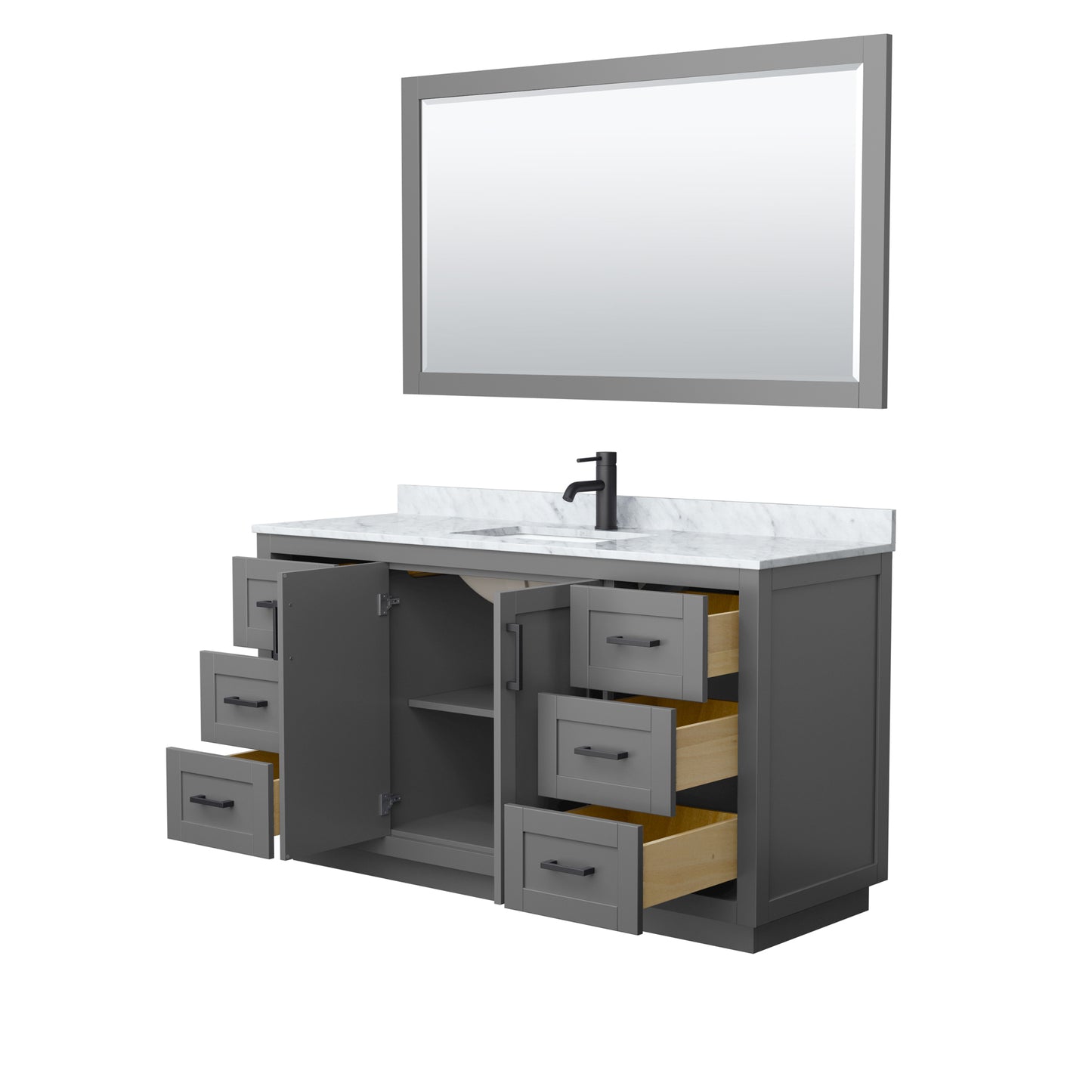 Miranda 60" Single Vanity in Dark Gray, Top, Square Matte Black Trim, 58" Mirror