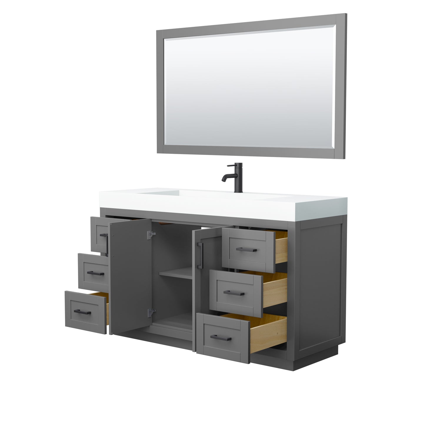 Miranda 60" Dark Gray Single Vanity, 4" White Top,  Black Trim, 58" Mirror