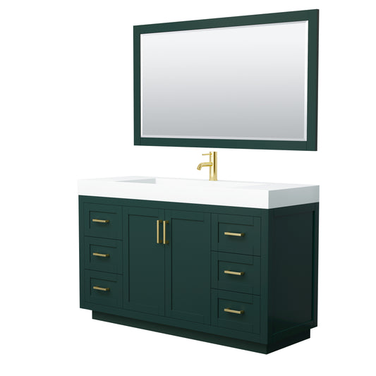 Miranda 60" Single Vanity in Green, 4" White Top,  Gold Trim, 58" Mirror