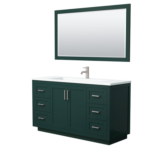 Miranda 60" Single Vanity in Green, 1.25" White Top,  Nickel Trim, 58" Mirror