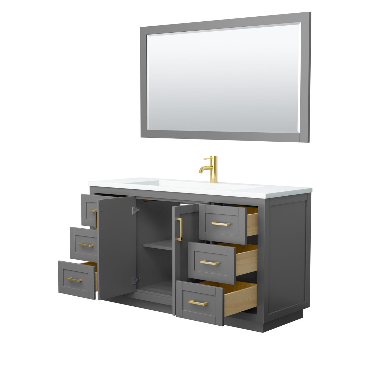 Miranda 60" Dark Gray Single Vanity, 1.25" White Top,  Gold Trim, 58" Mirror