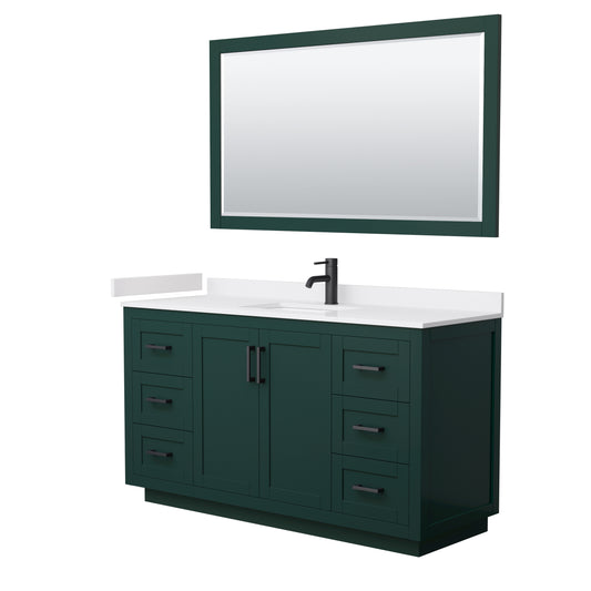 Miranda 60" Single Vanity in Green, White Marble Top, Black Trim, 58" Mirror