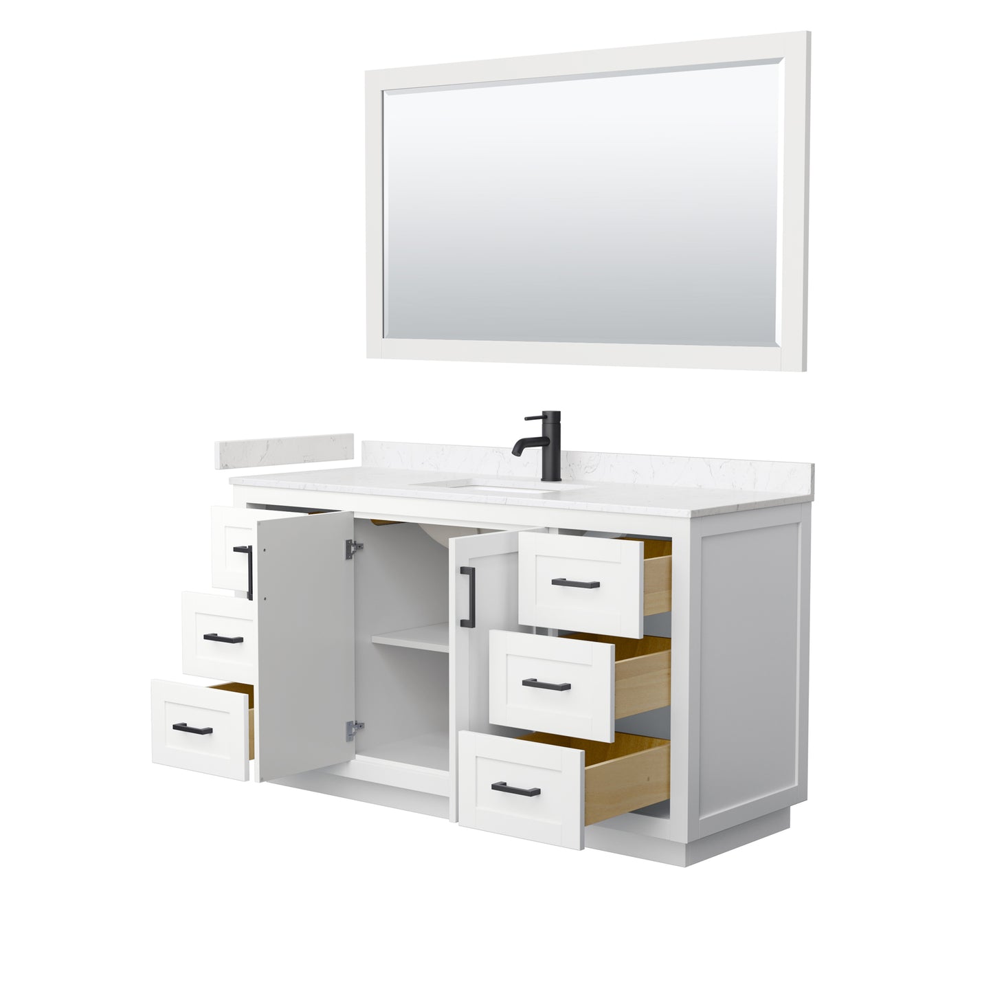 Miranda 60" Single Vanity in White, Carrara Marble Top, Black Trim, 58" Mirror
