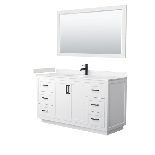 Miranda 60" Single Vanity in White, Carrara Marble Top, Black Trim, 58" Mirror