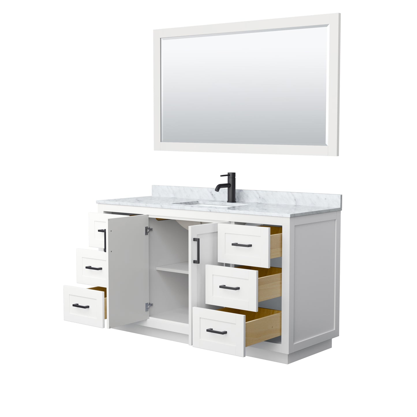 Miranda 60" Single Vanity in White, Top, Square Matte Black Trim, 58" Mirror