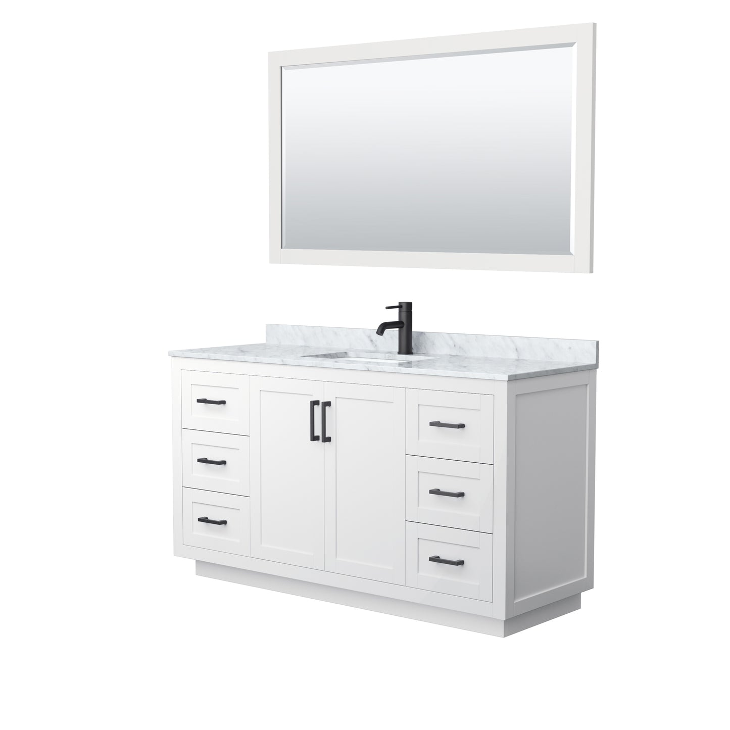 Miranda 60" Single Vanity in White, Top, Square Matte Black Trim, 58" Mirror