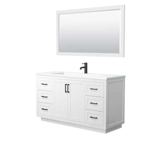 Miranda 60" Single Vanity in White, 1.25" White Top,  Black Trim, 58" Mirror