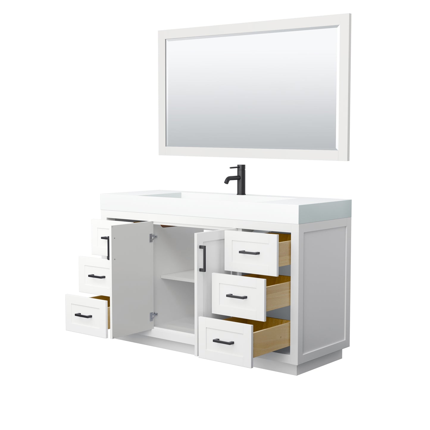 Miranda 60" Single Vanity in White, 4" White Top,  Black Trim, 58" Mirror