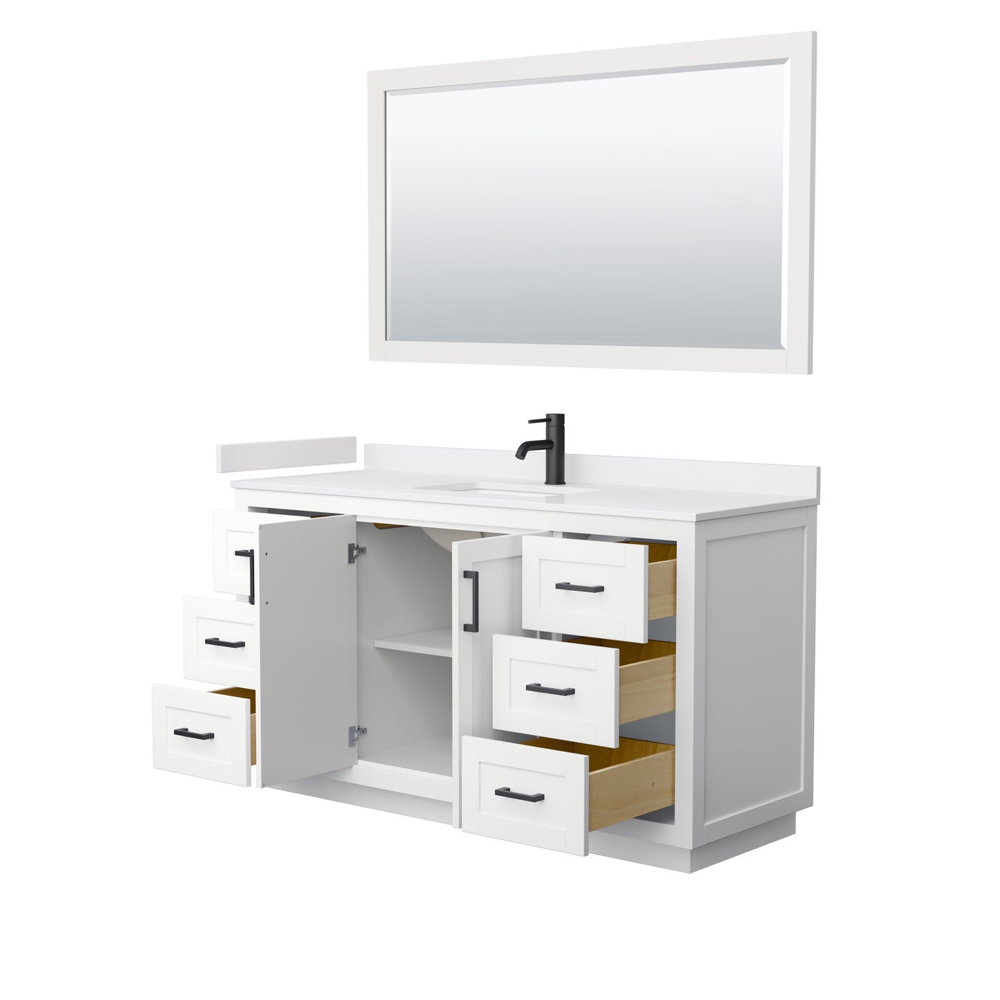 Miranda 60" Single Vanity in White, White Marble Top, Black Trim, 58" Mirror