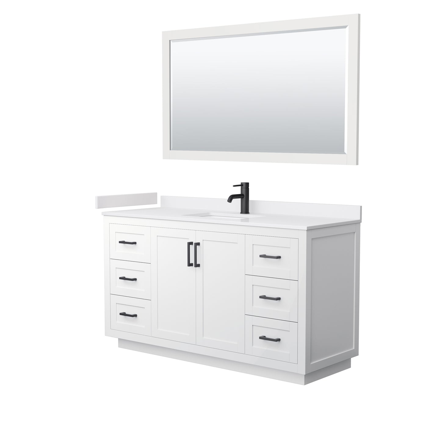 Miranda 60" Single Vanity in White, White Marble Top, Black Trim, 58" Mirror