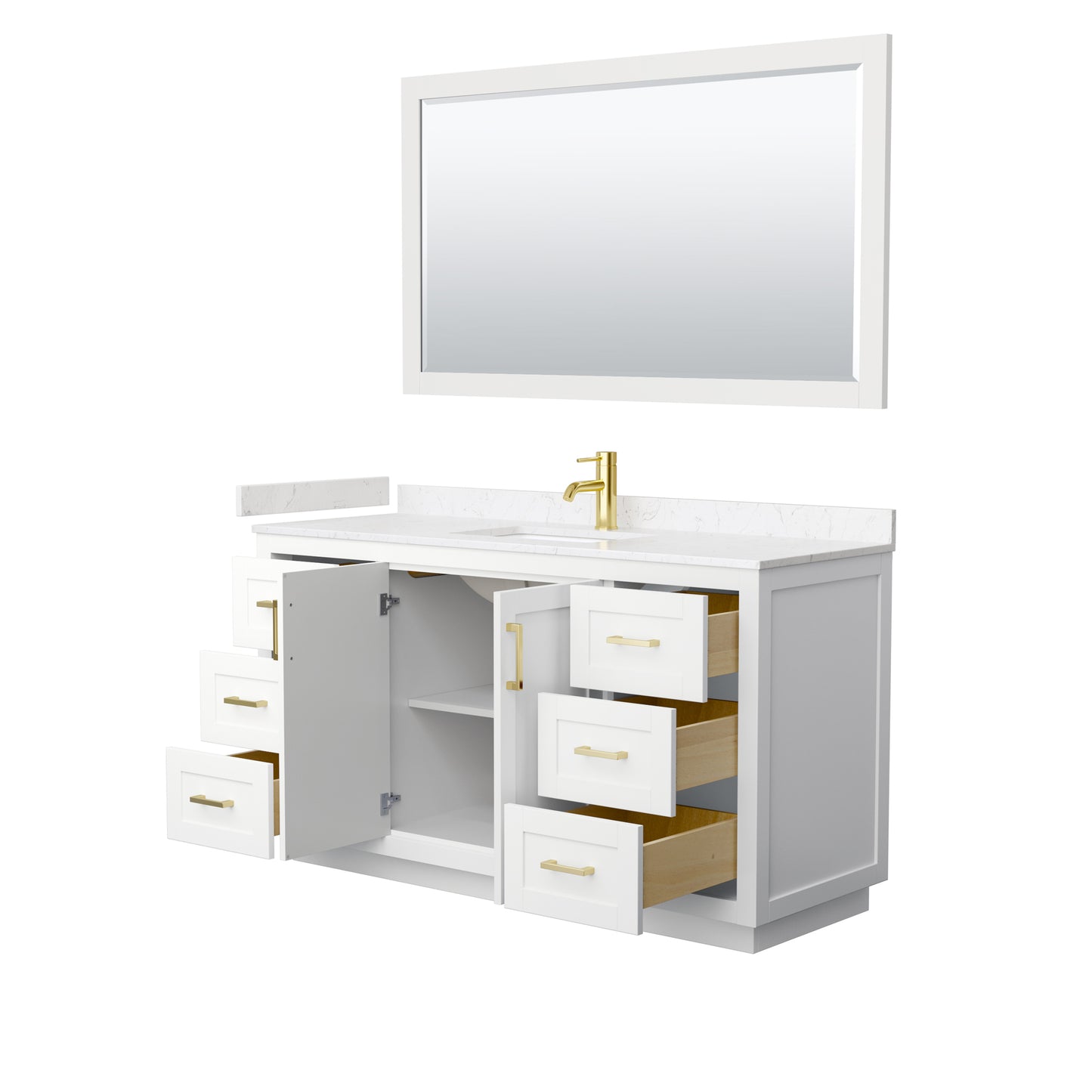 Miranda 60" Single Vanity in White, Carrara Marble Top, Gold Trim, 58" Mirror