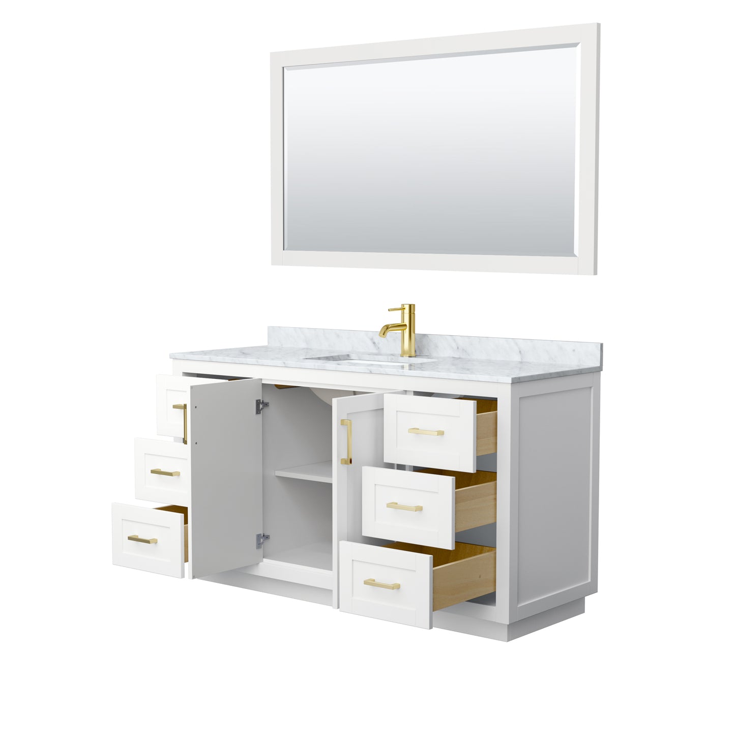 Miranda 60" Single Vanity in White, Top, Square Brushed Gold Trim, 58" Mirror