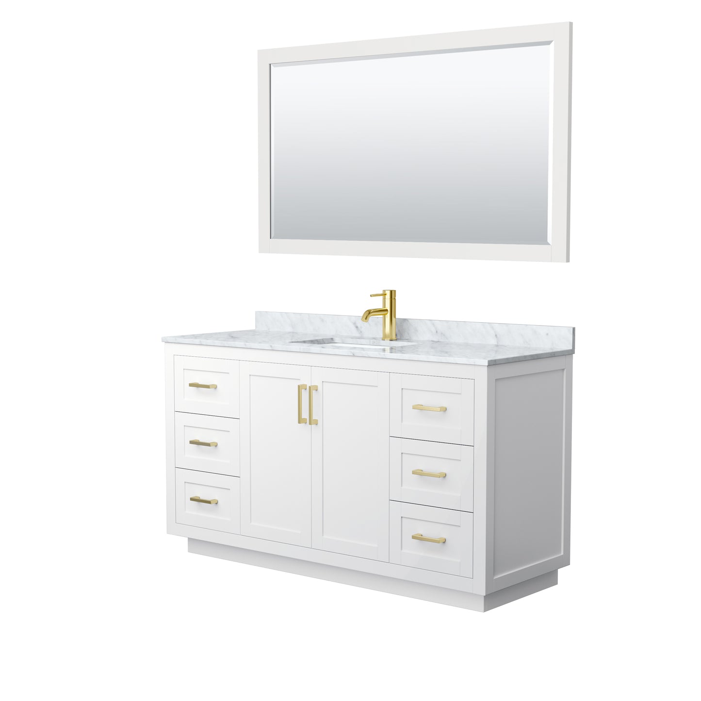 Miranda 60" Single Vanity in White, Top, Square Brushed Gold Trim, 58" Mirror