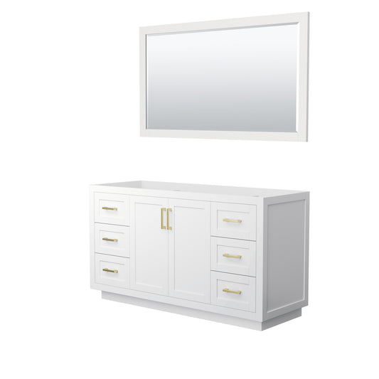 Miranda 60" Single Vanity in White, No Top, Bruished Gold Trim, 58" Mirror