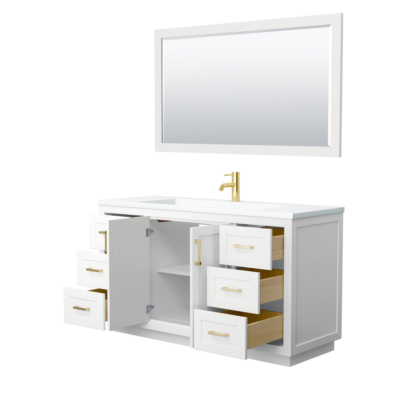 Miranda 60" Single Vanity in White, 1.25" White Top,  Gold Trim, 58" Mirror