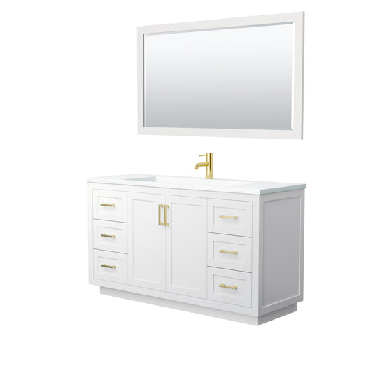 Miranda 60" Single Vanity in White, 1.25" White Top,  Gold Trim, 58" Mirror