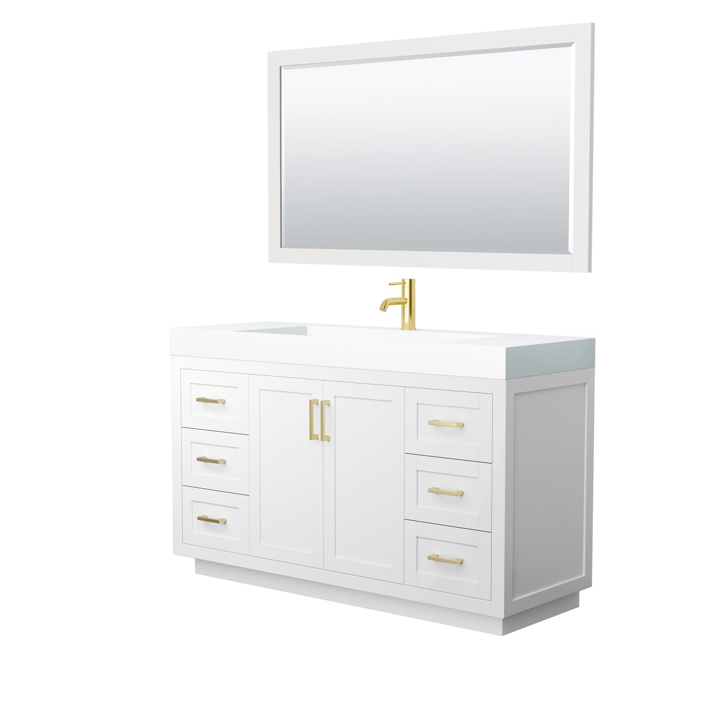 Miranda 60" Single Vanity in White, 4" White Top,  Gold Trim, 58" Mirror