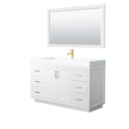 Miranda 60" Single Vanity in White, 4" White Top,  Gold Trim, 58" Mirror
