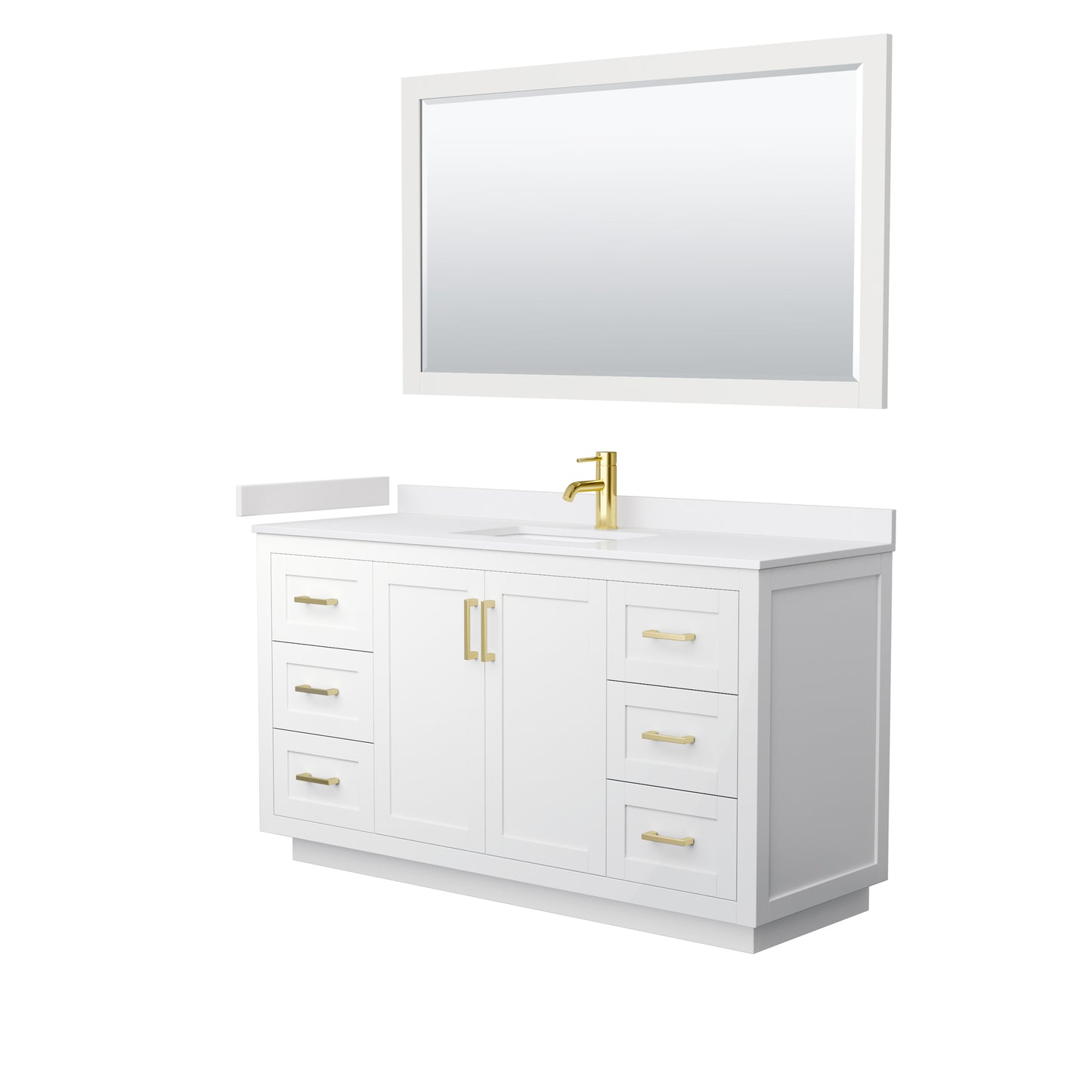 Miranda 60" Single Vanity in White, White Marble Top, Gold Trim, 58" Mirror