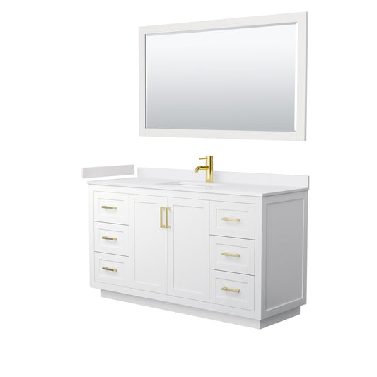 Miranda 60" Single Vanity in White, White Marble Top, Gold Trim, 58" Mirror