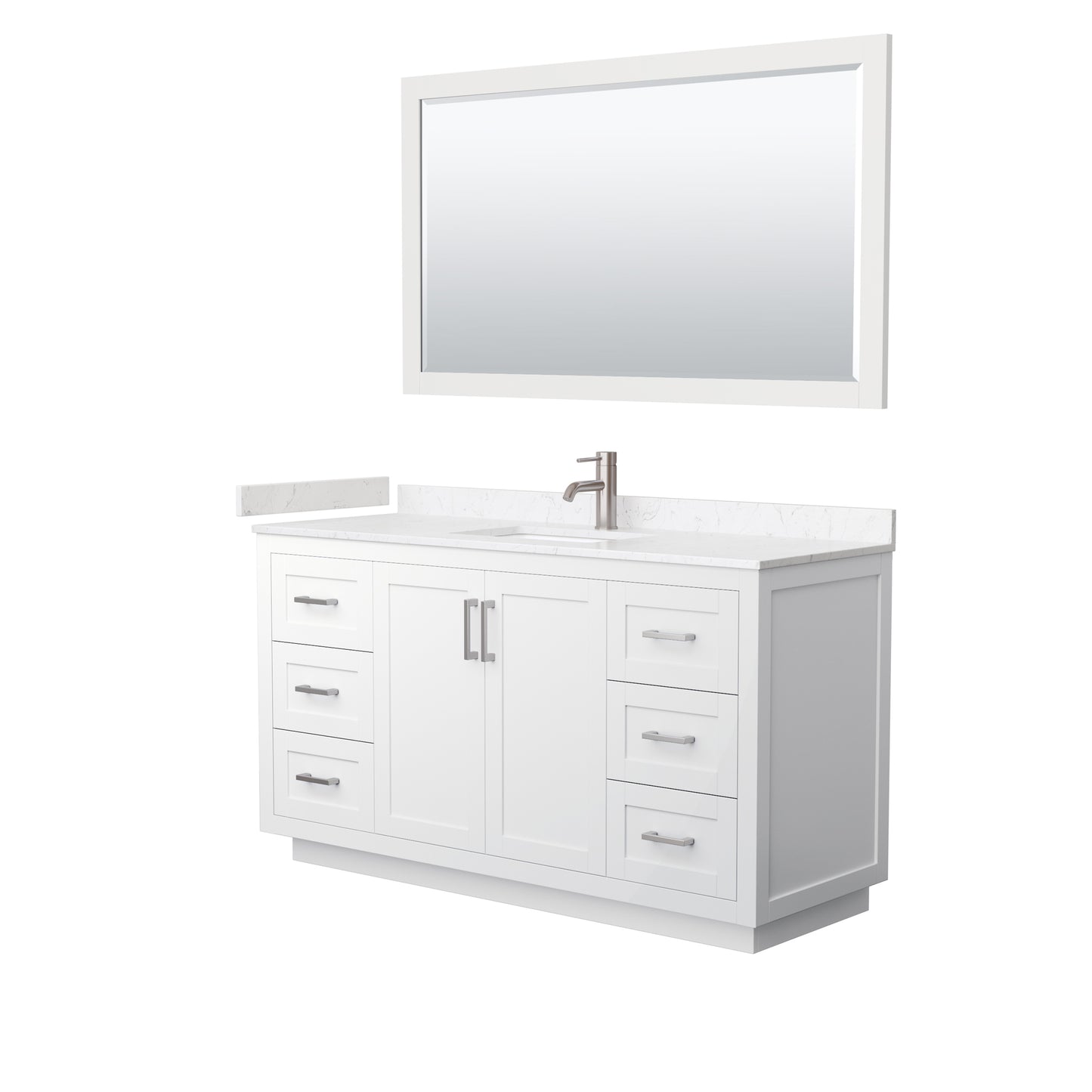 Miranda 60" Single Vanity in White, Carrara Marble Top, Nickel Trim, 58" Mirror