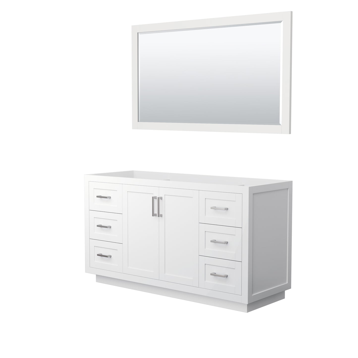 Miranda 60" Single Vanity in White, No Top, Bruished Nickel Trim, 58" Mirror
