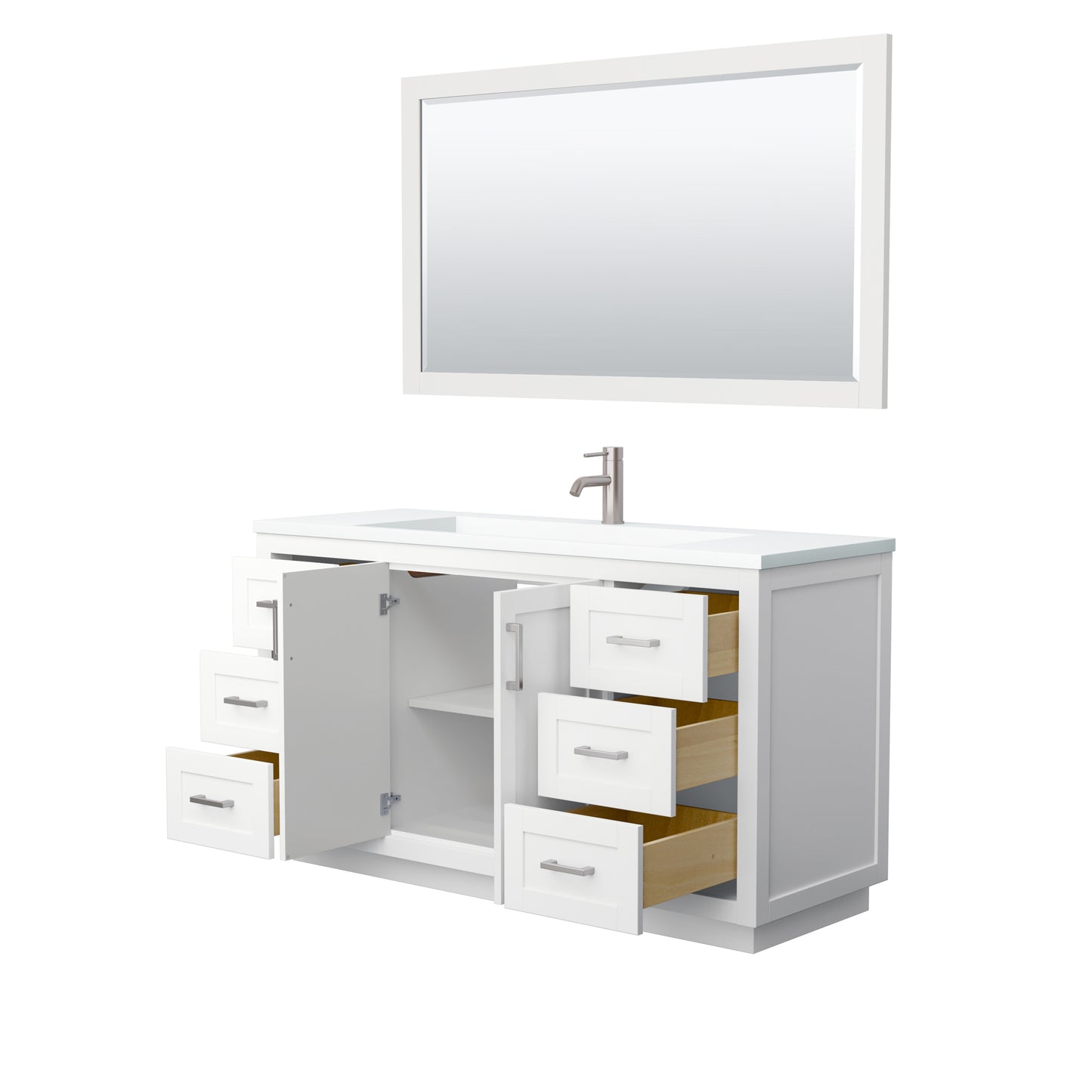 Miranda 60" Single Vanity in White, 1.25" White Top,  Nickel Trim, 58" Mirror