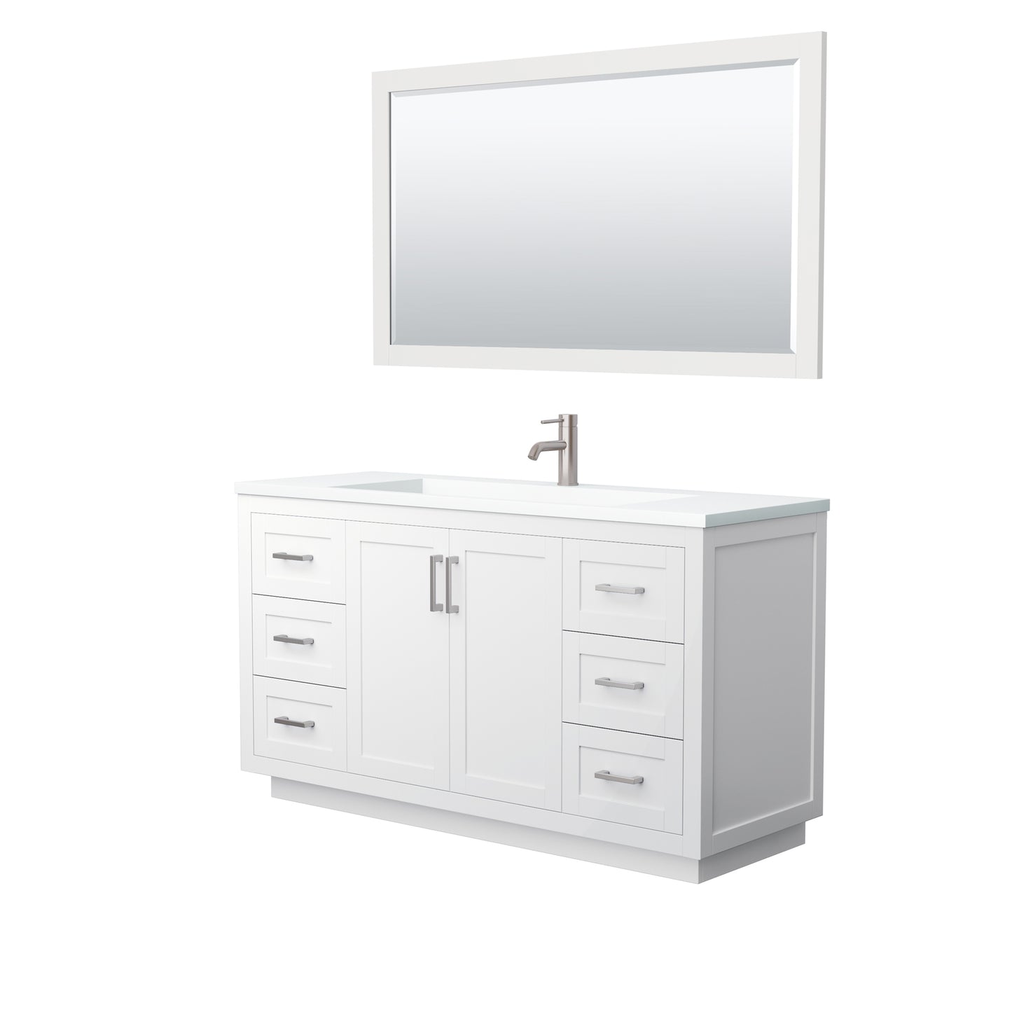 Miranda 60" Single Vanity in White, 1.25" White Top,  Nickel Trim, 58" Mirror