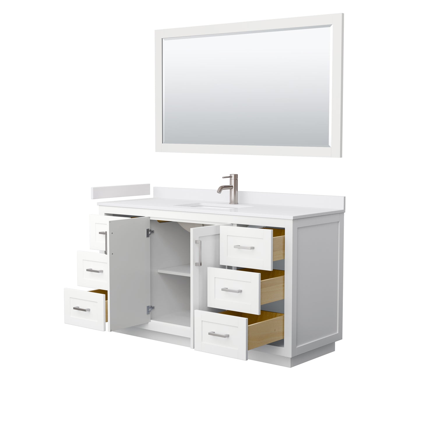 Miranda 60" Single Vanity in White, White Marble Top, Nickel Trim, 58" Mirror