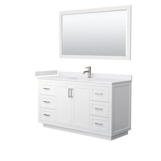 Miranda 60" Single Vanity in White, White Marble Top, Nickel Trim, 58" Mirror