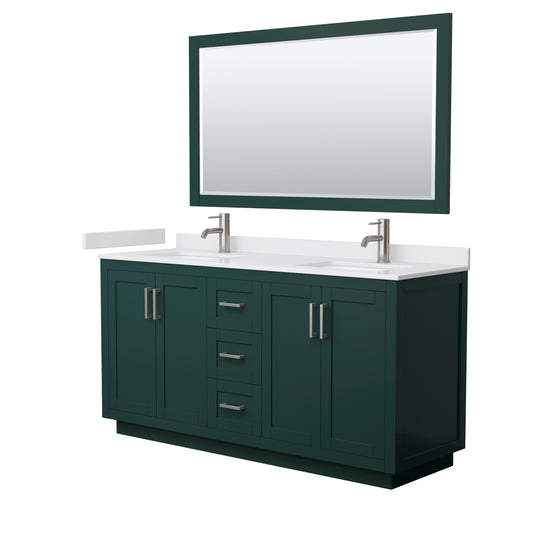 Miranda 66" Double Vanity in Green, White Marble Top, Nickel Trim, 58" Mirror