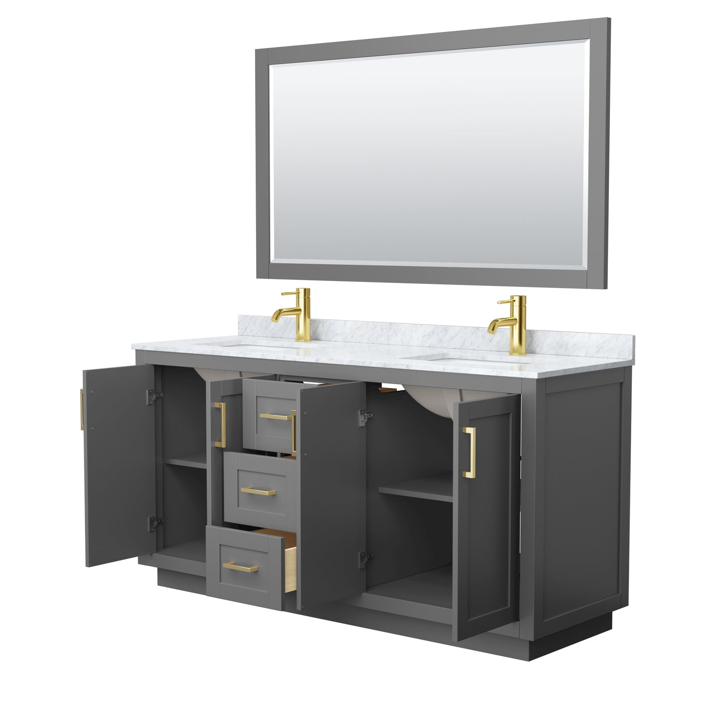 Miranda 66" Double Vanity in Dark Gray, Top, Gold Trim, 58" Mirror