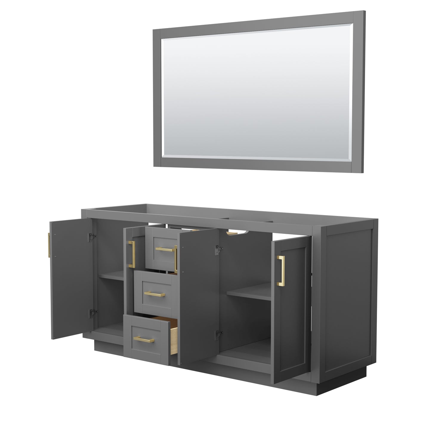 Miranda 66" Double Vanity in Dark Gray, No Top, Bruished Gold Trim, 58" Mirror