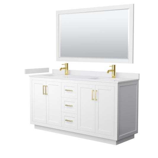 Miranda 66" Double Vanity in White, White Marble Top, Gold Trim, 58" Mirror