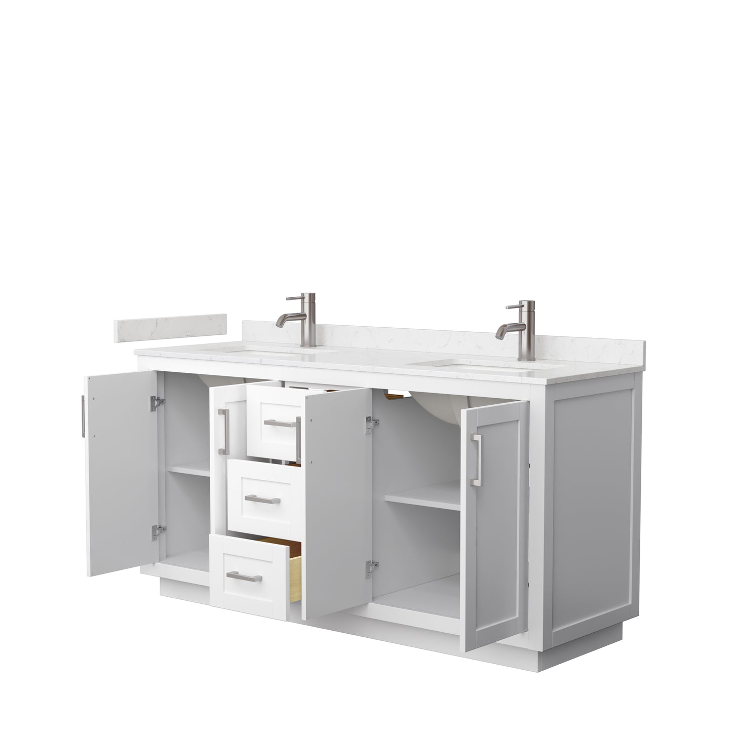 Miranda 66" Double Vanity in White, Carrara Cultured Marble Top, Nickel Trim