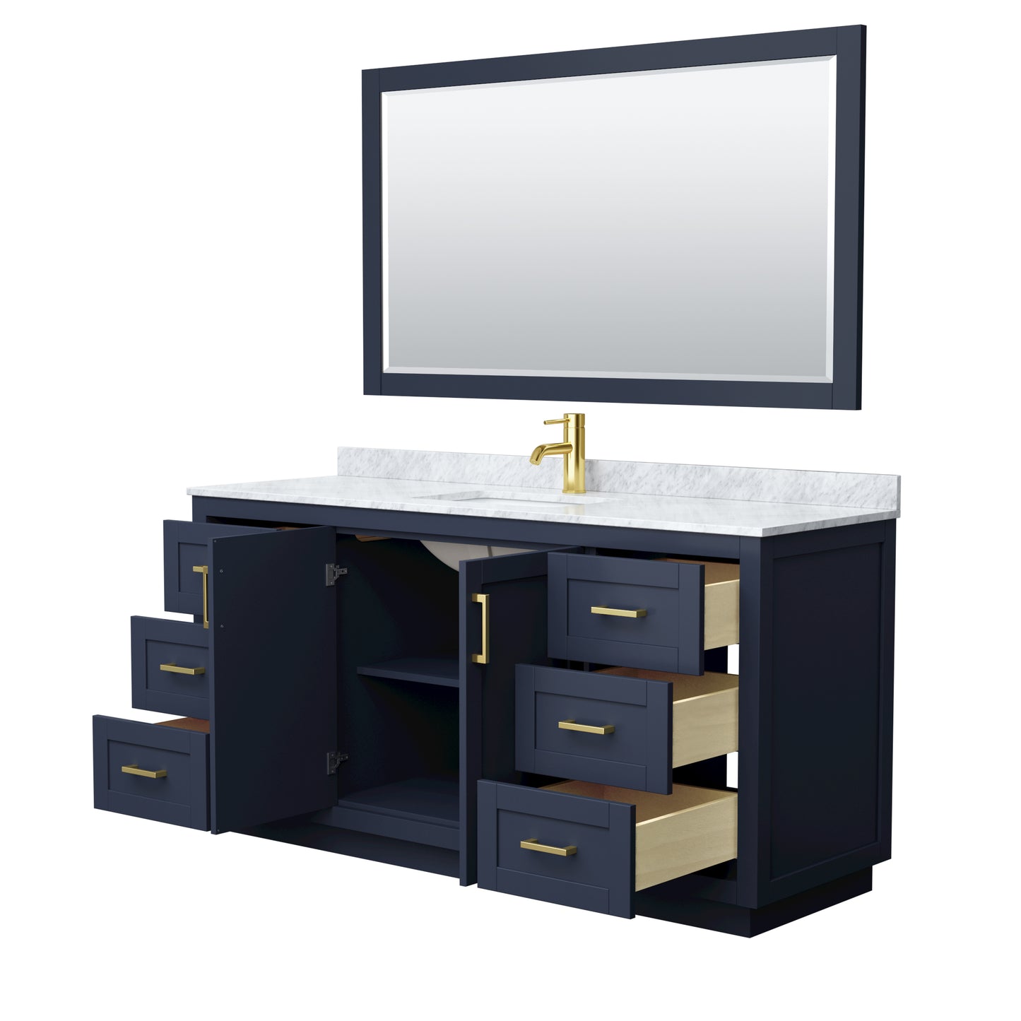 Miranda 66" Single Vanity in Dark Blue, Top, Gold Trim, 58" Mirror