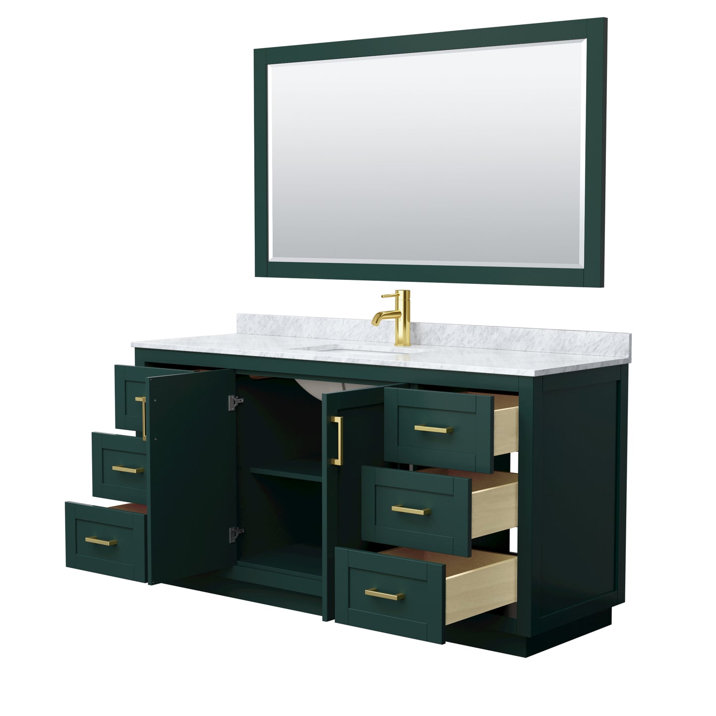 Miranda 66" Single Vanity in Green, Top, Square Brushed Gold Trim, 58" Mirror
