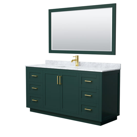 Miranda 66" Single Vanity in Green, Top, Square Brushed Gold Trim, 58" Mirror