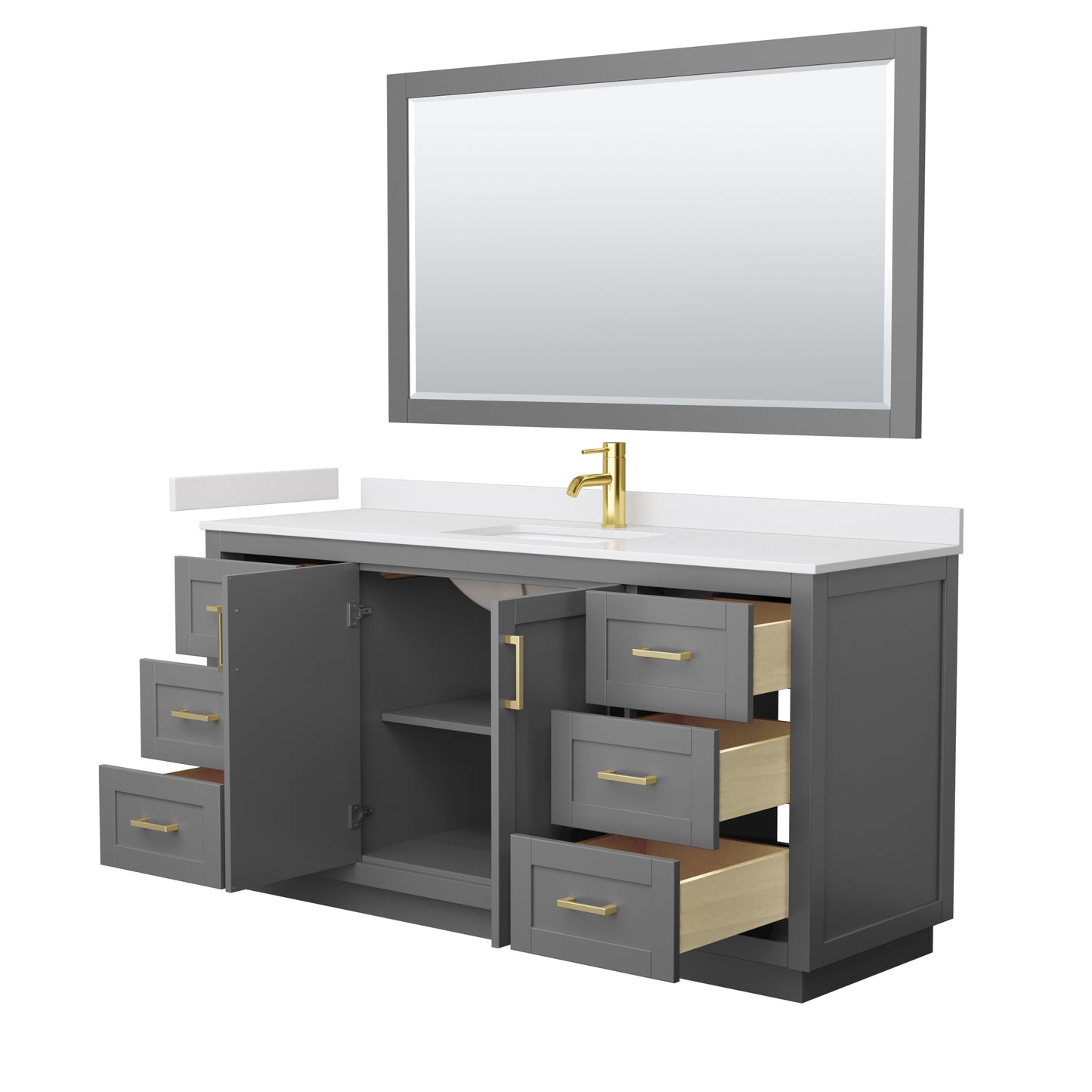 Miranda 66" Single Vanity in Dark Gray, White Marble Top, Gold Trim, 58" Mirror