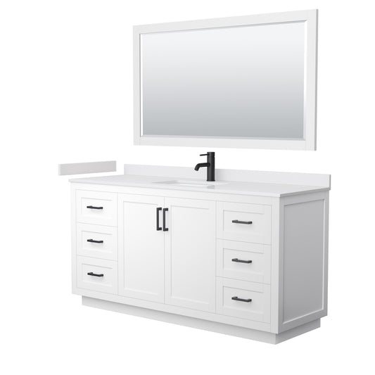 Miranda 66" Single Vanity in White, White Marble Top, Black Trim, 58" Mirror