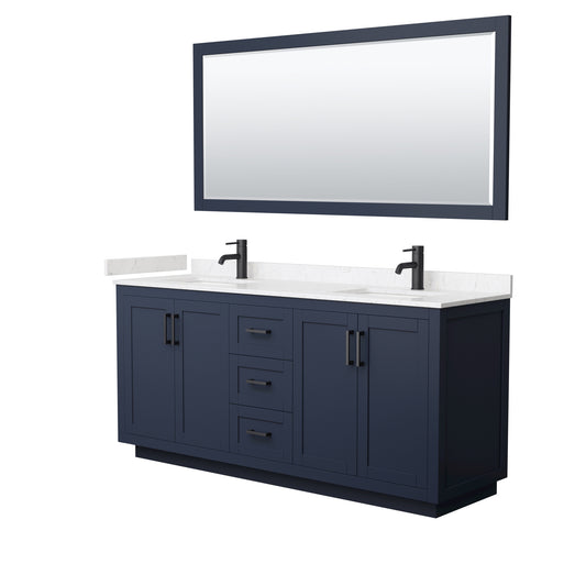 Miranda 72" Dark Blue Double Vanity, Carrara Marble Top, Black Trim, 70" Mirror
