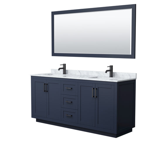 Miranda 72" Double Vanity in Dark Blue, Top, Square Matte Black Trim, 70" Mirror