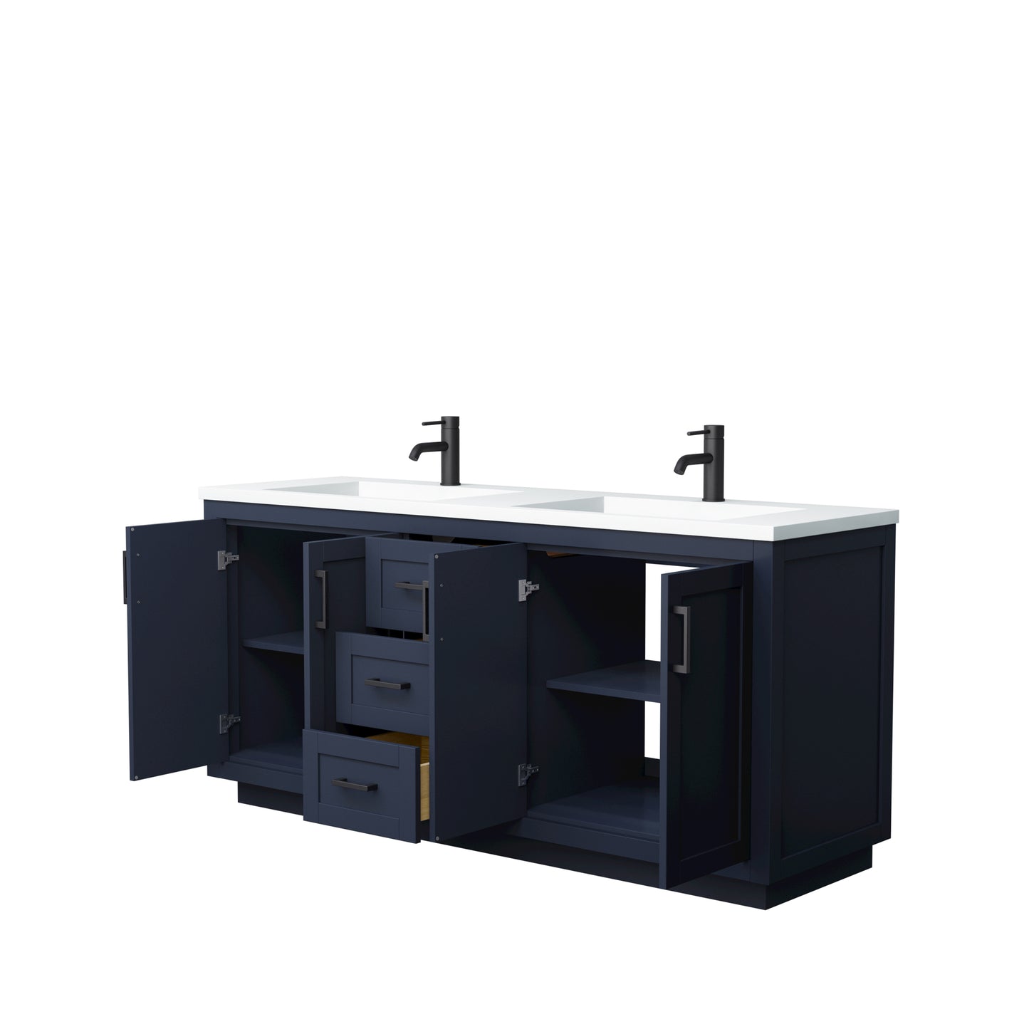 Miranda 72" Double Vanity in Dark Blue, 1.25" White Top, Integrated Black Trim