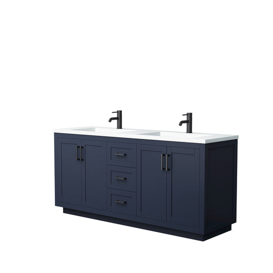 Miranda 72" Double Vanity in Dark Blue, 1.25" White Top, Integrated Black Trim